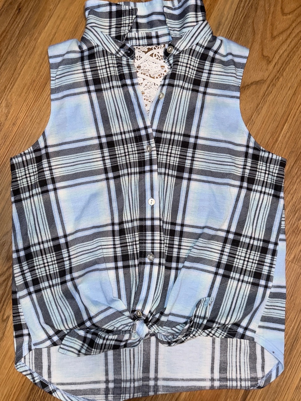 Women’s Blue Plaid Sleeveless Button-Up Shirt with Lace Back